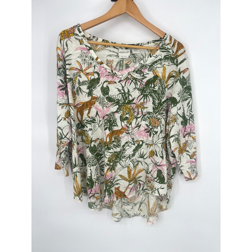 Rachel Zoe Linen Top Women 3X Leopard Jungle V Neck Tropical Resort Coastal
